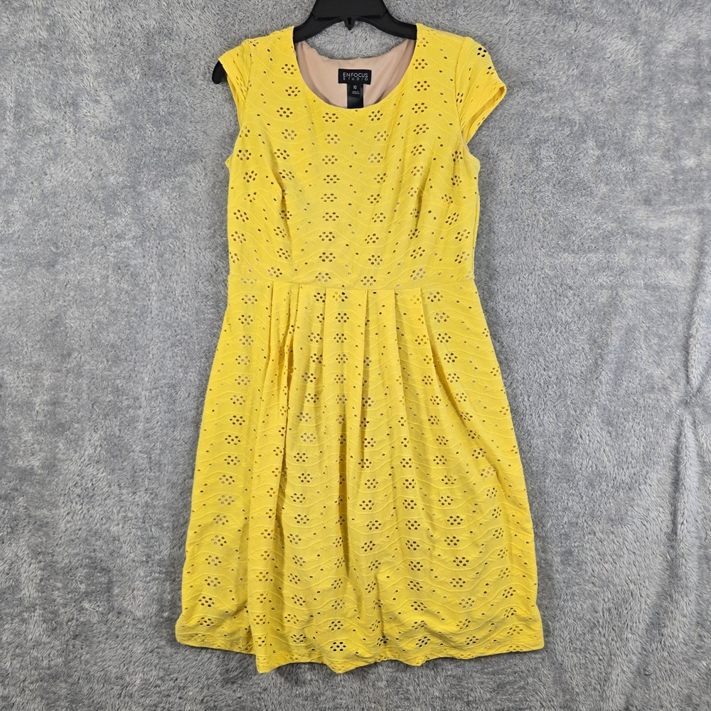 Enfocus Studio‎ Womens Yellow Eyelet Fit and Flare Dress Nude Lining Size 10